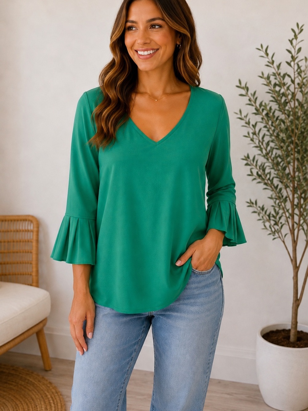 John Mark bell sleeve green V Neck blouse size small